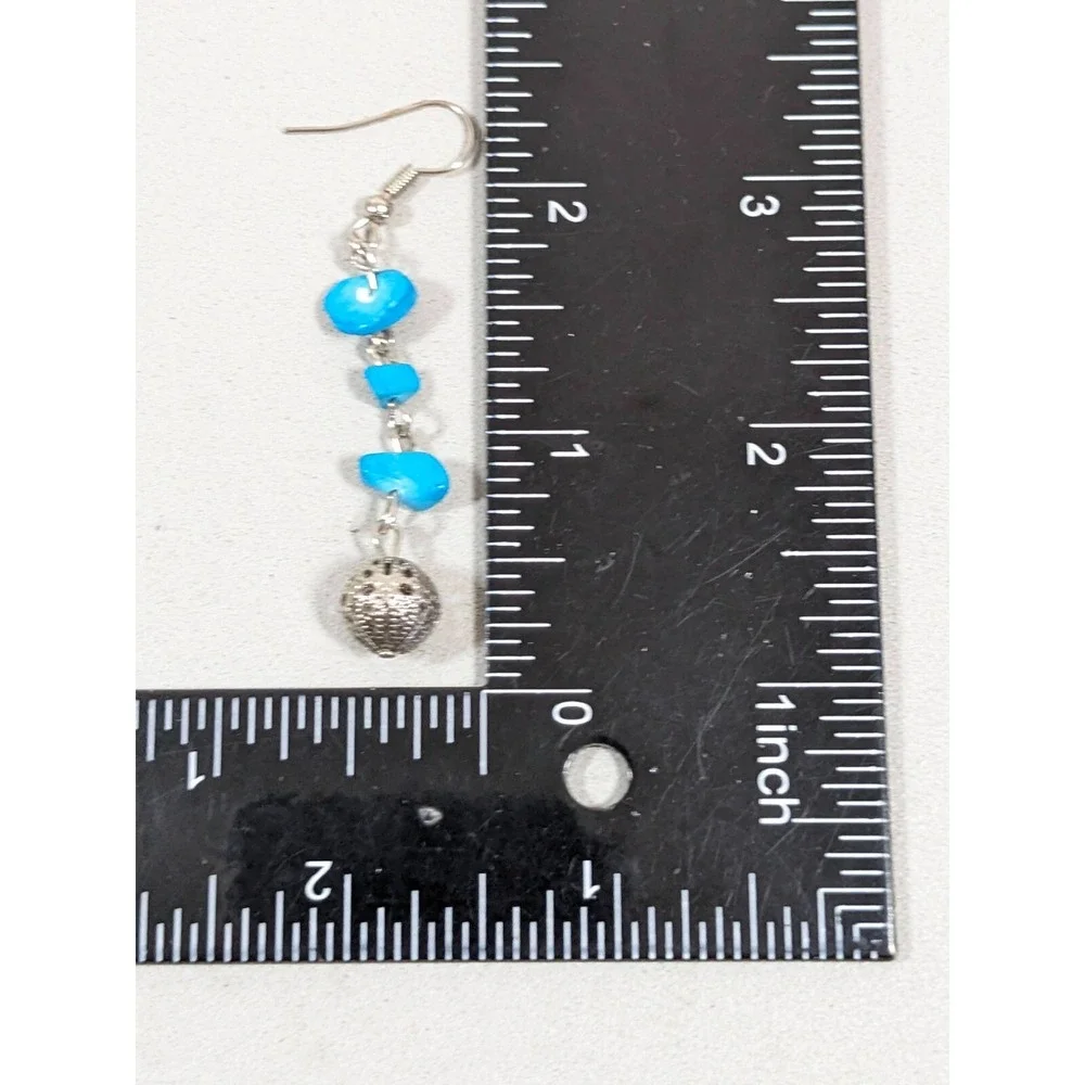 Beachy Coastal Blue Stone Chip Round Filigree‎ Ball Dangle Hook Earrings